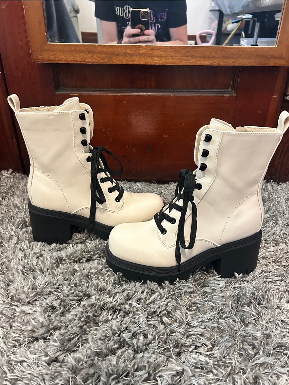 Nine West Cream Lace-Up Platform Combat Boots with Black Sole